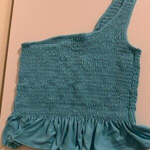 Teal One-Shoulder Smocked Crop Top with Ruffle Hem – Size S